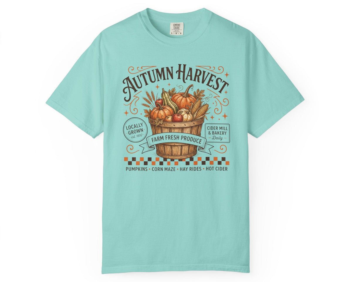 Autumn harvest pumpkin farm graphic tee in Chalky Mint — heavyweight garment-dyed cotton t-shirt