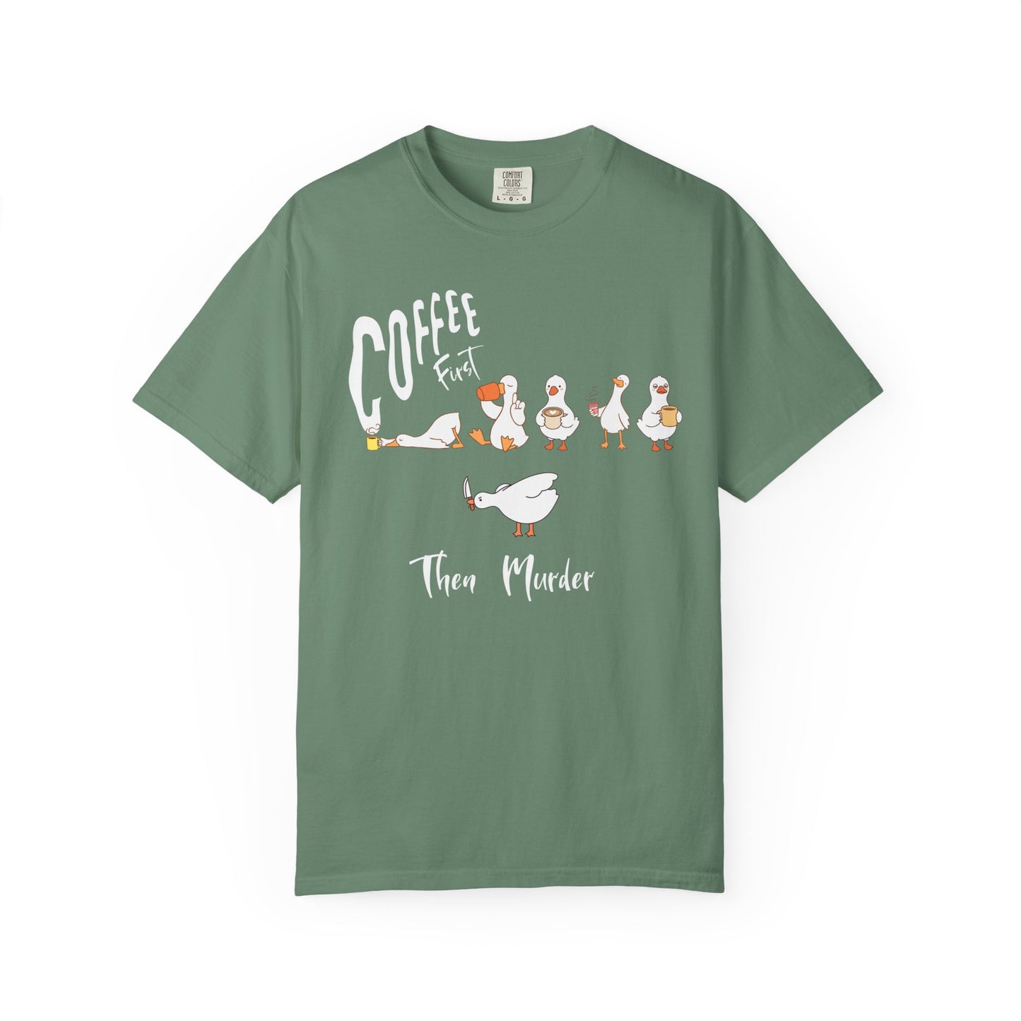 Silly Goose Coffee First t-shirt in Light green — garment-dyed heavyweight cotton tee
