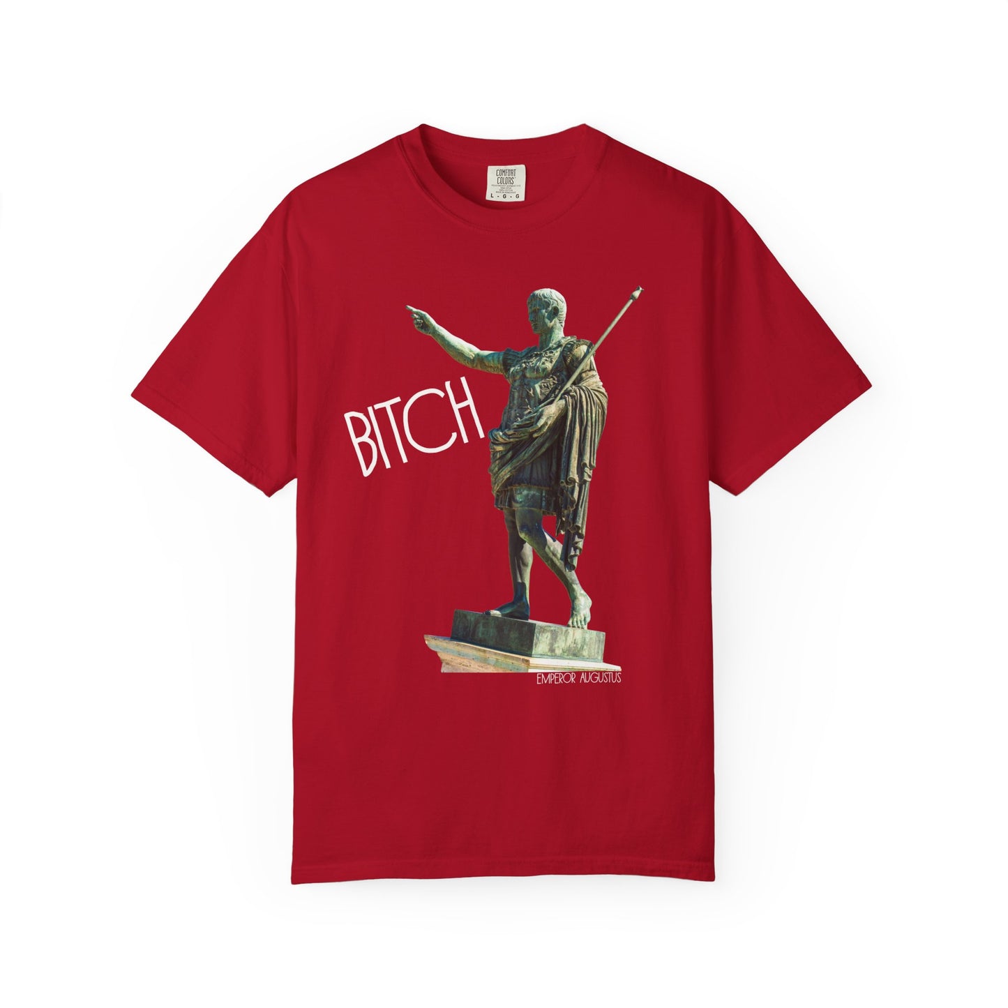 red t-shirt with a graphic of a statue pointing and the word 'Bitch' on a white background