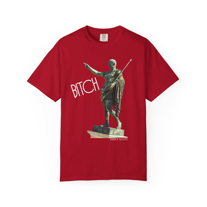 red t-shirt with a graphic of a statue pointing and the word 'Bitch' on a white background