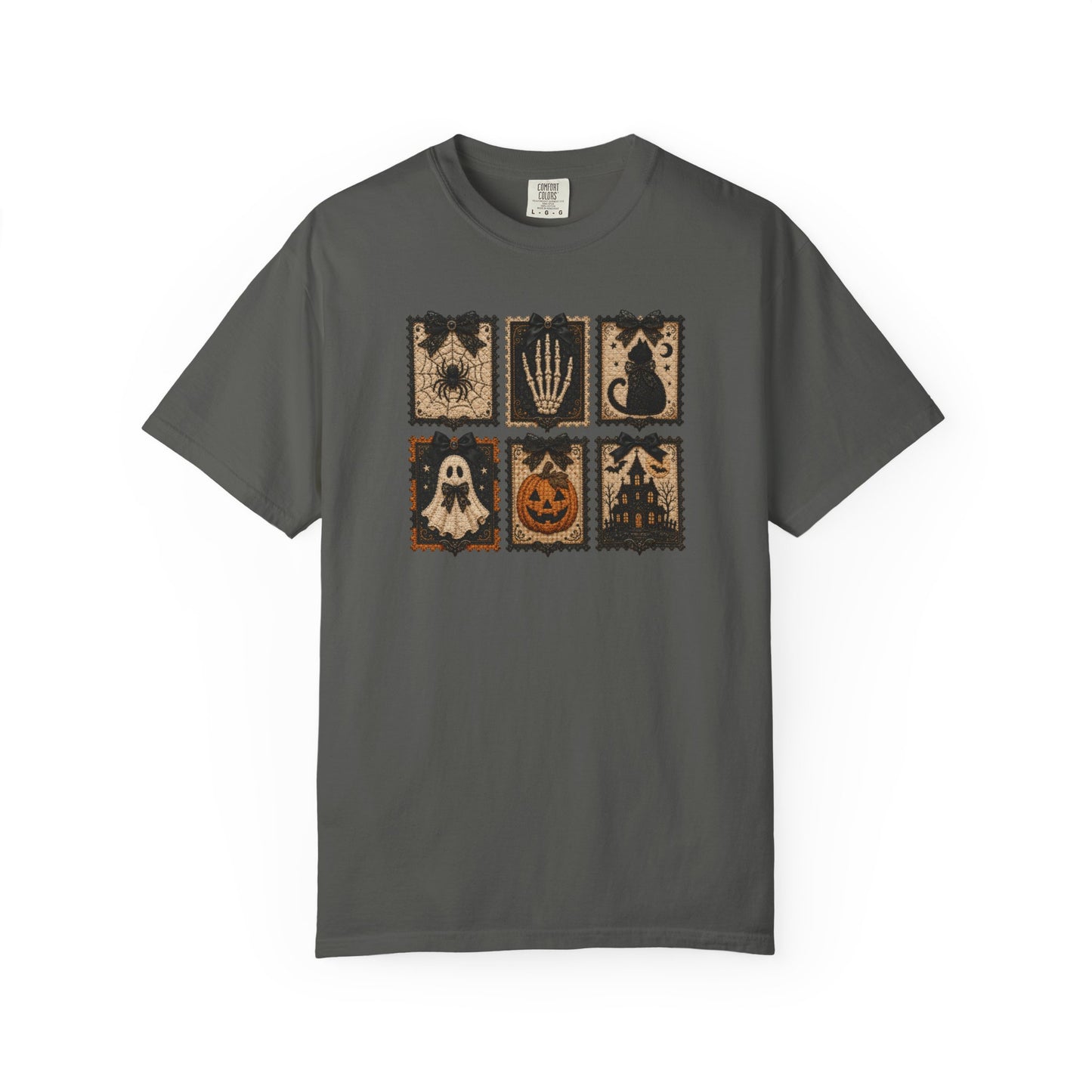 Vintage Halloween Faux Patchwork T-Shirt — Spooky Stamp Graphic Tee