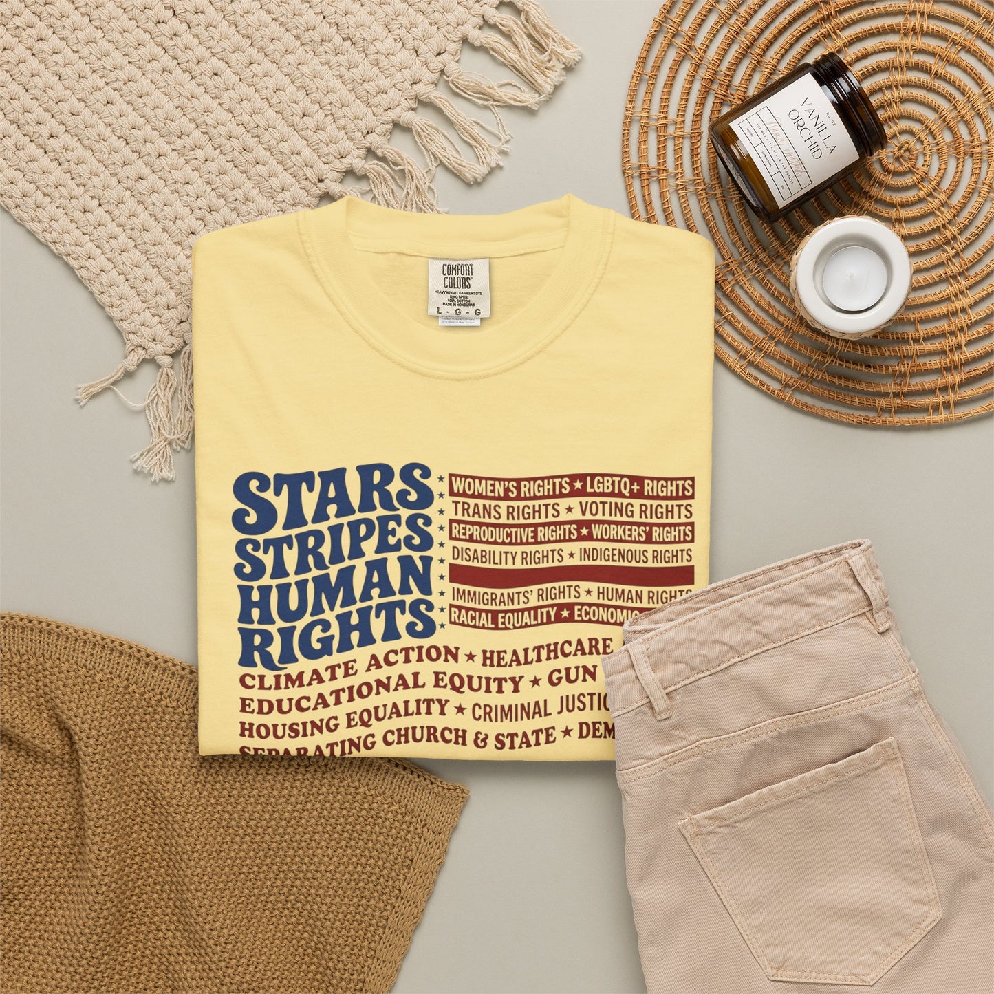 Butter garment-dyed Stars & Stripes Human Rights T-Shirt, patriotic social justice graphic tee in heavyweight ring-spun cotton