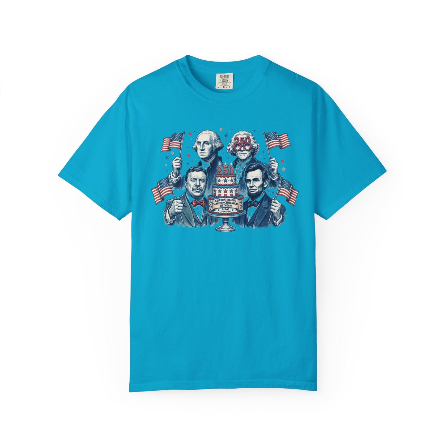 Founding Fathers Birthday Party T-Shirt in Sapphire — America 250th anniversary patriotic graphic tee