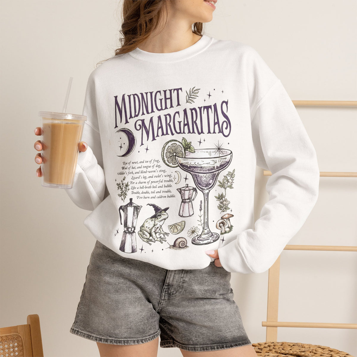 Midnight Margaritas crewneck sweatshirt in White — front cocktail graphic and occult cottagecore symbols on back, including COEXIST
