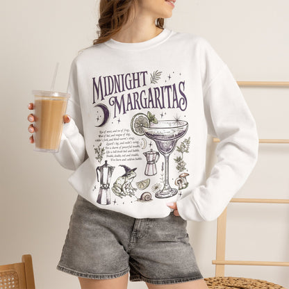 Midnight Margaritas crewneck sweatshirt in White — front cocktail graphic and occult cottagecore symbols on back, including COEXIST