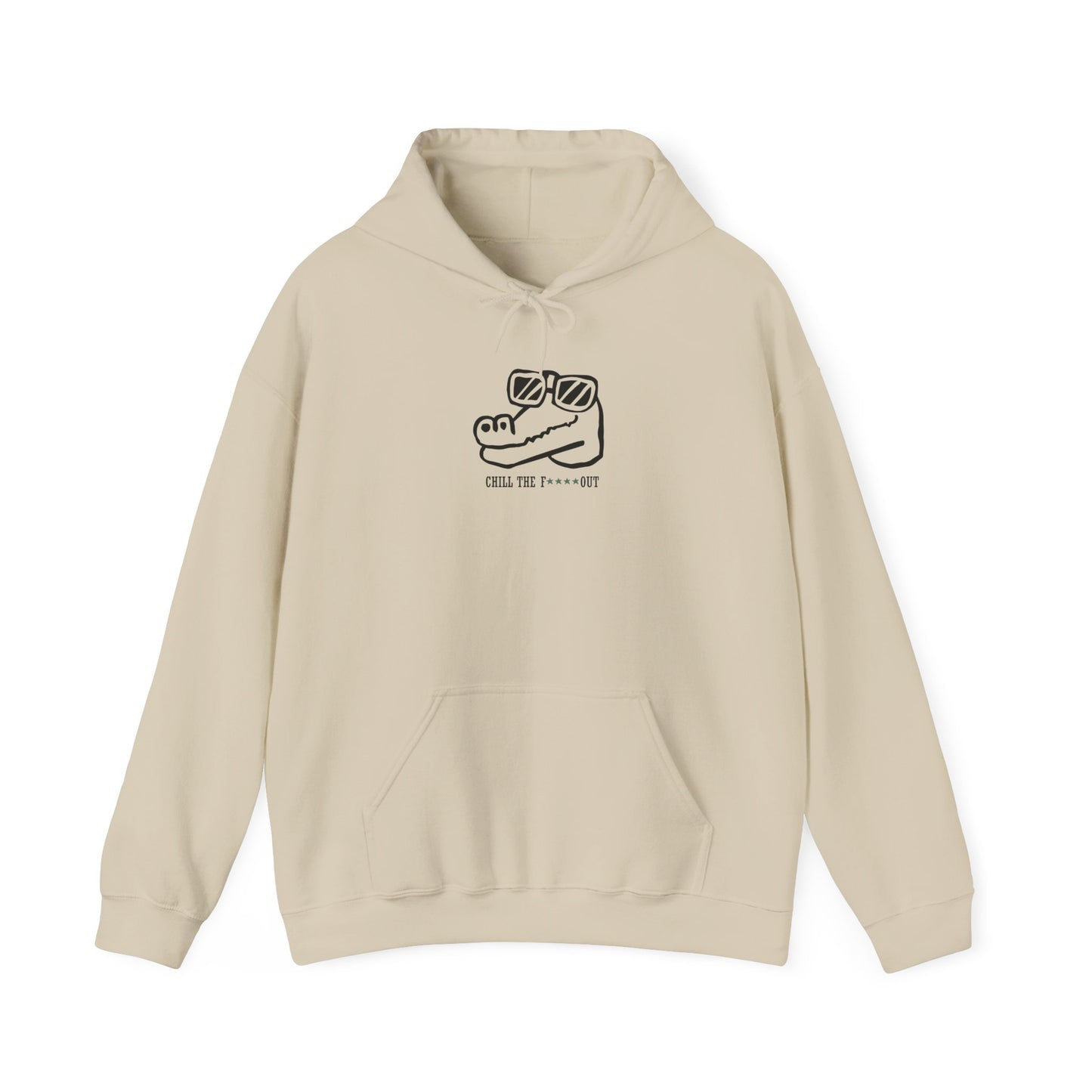 sand  hoodie with 'chill the f out' text on a white background