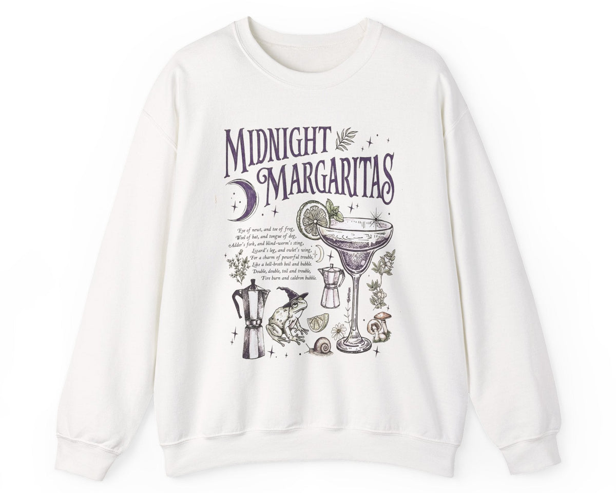 Midnight Margaritas crewneck sweatshirt in White — front cocktail graphic and occult cottagecore symbols on back, including COEXIST