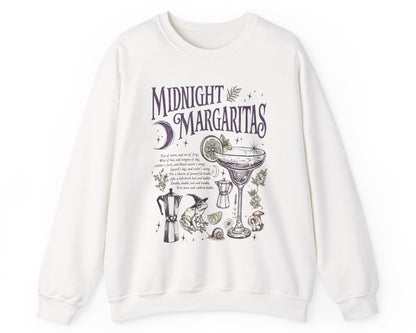 Midnight Margaritas crewneck sweatshirt in White — front cocktail graphic and occult cottagecore symbols on back, including COEXIST