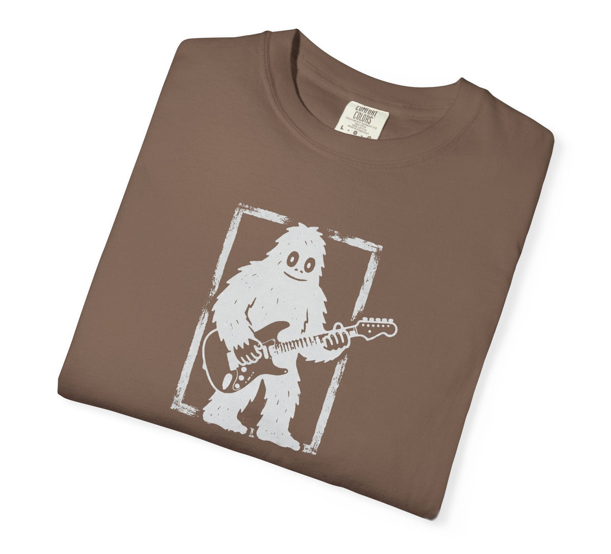 Espresso garment-dyed Bigfoot guitar graphic tee, heavyweight ring-spun cotton vintage band shirt