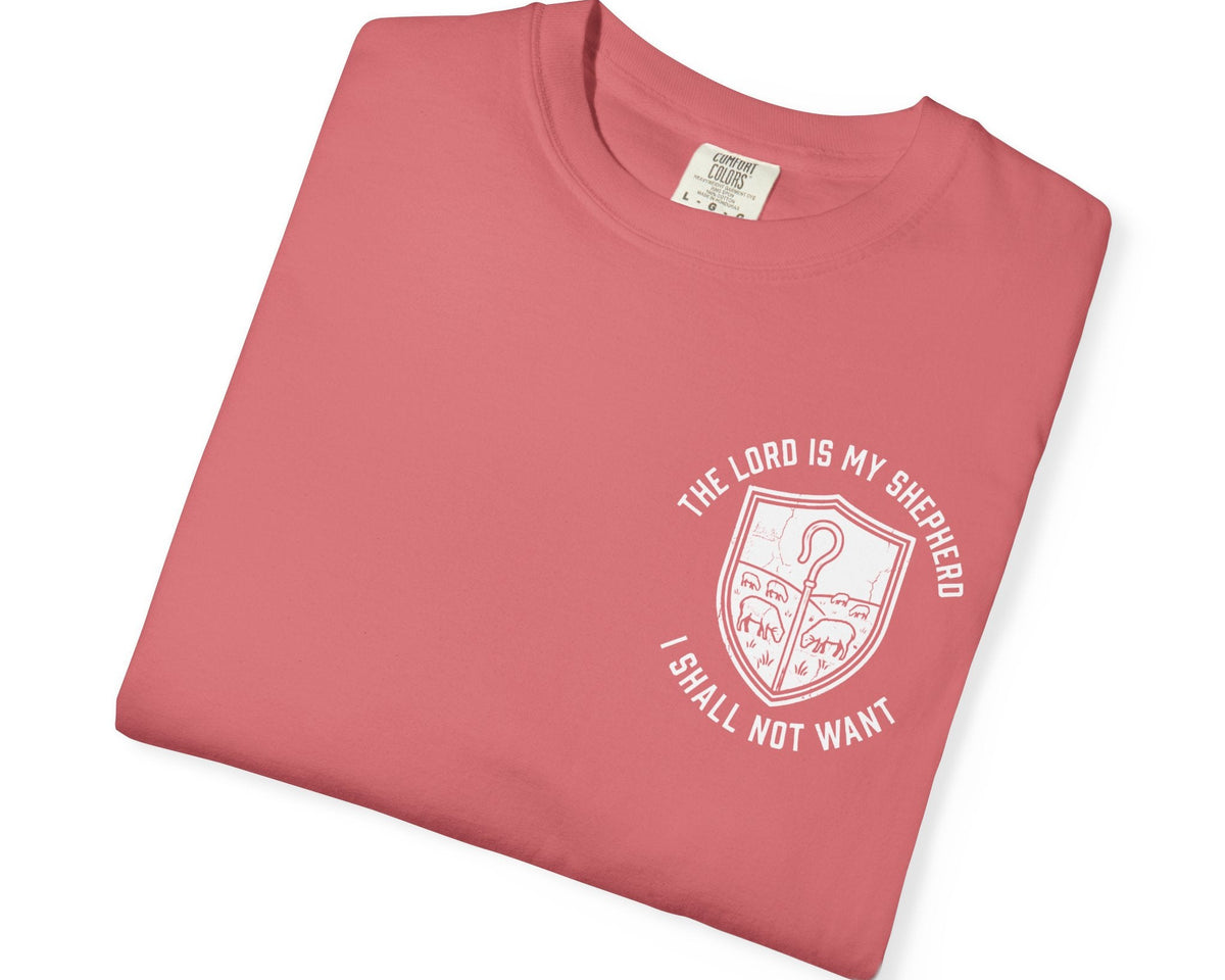 Watermelon Psalm 23:1 faith shirt with shepherd graphic design and scripture text shown on model