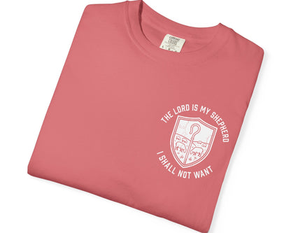 Watermelon Psalm 23:1 faith shirt with shepherd graphic design and scripture text shown on model
