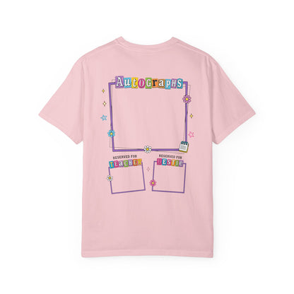 blossom t-shirt with colorful 'Autographs Reserved for Forever' design on a white background