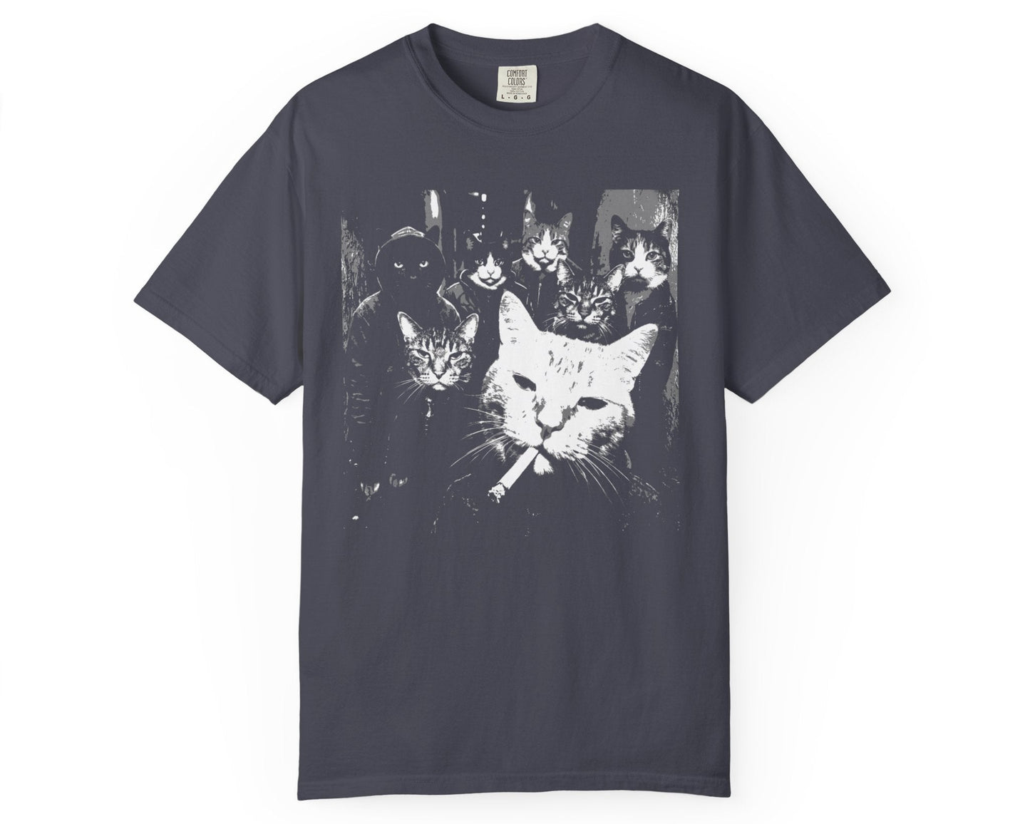 Navy blue heavyweight graphic tee with a black-and-white cat gang print showing a pack of intimidating cats posed together, boss cat front and center with a cigarette, on a relaxed unisex fit t-shirt.