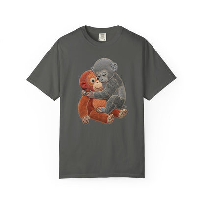 pepper t-shirt with two monkeys hugging on a white background