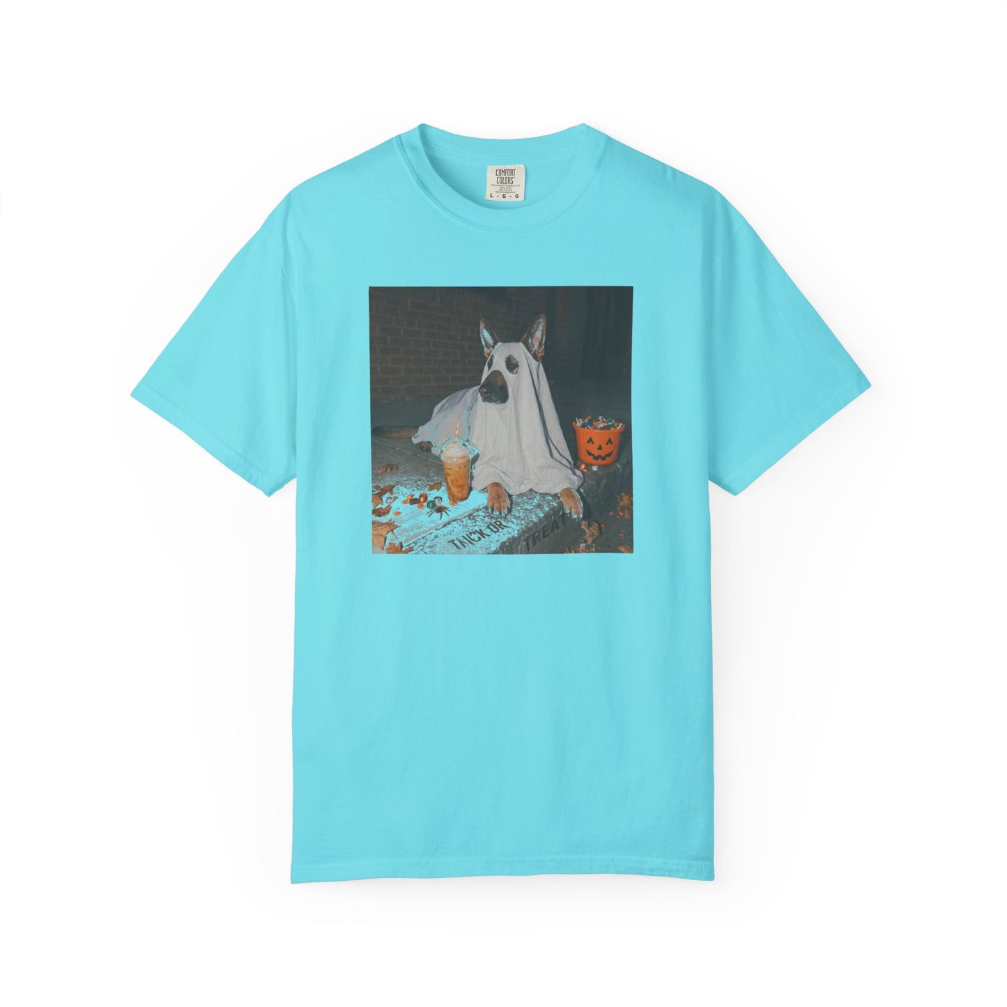 Lagoon Blue garment-dyed t-shirt with German Shepherd in ghost costume jack-o'-lantern treat bucket — Halloween ghost dog tee by GodaStudio