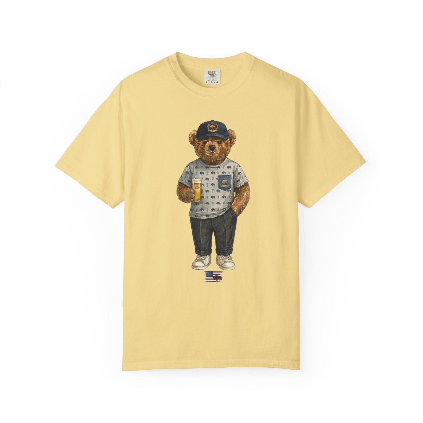 banana t-shirt with a bear graphic wearing a cap and holding a beer mug on a white background