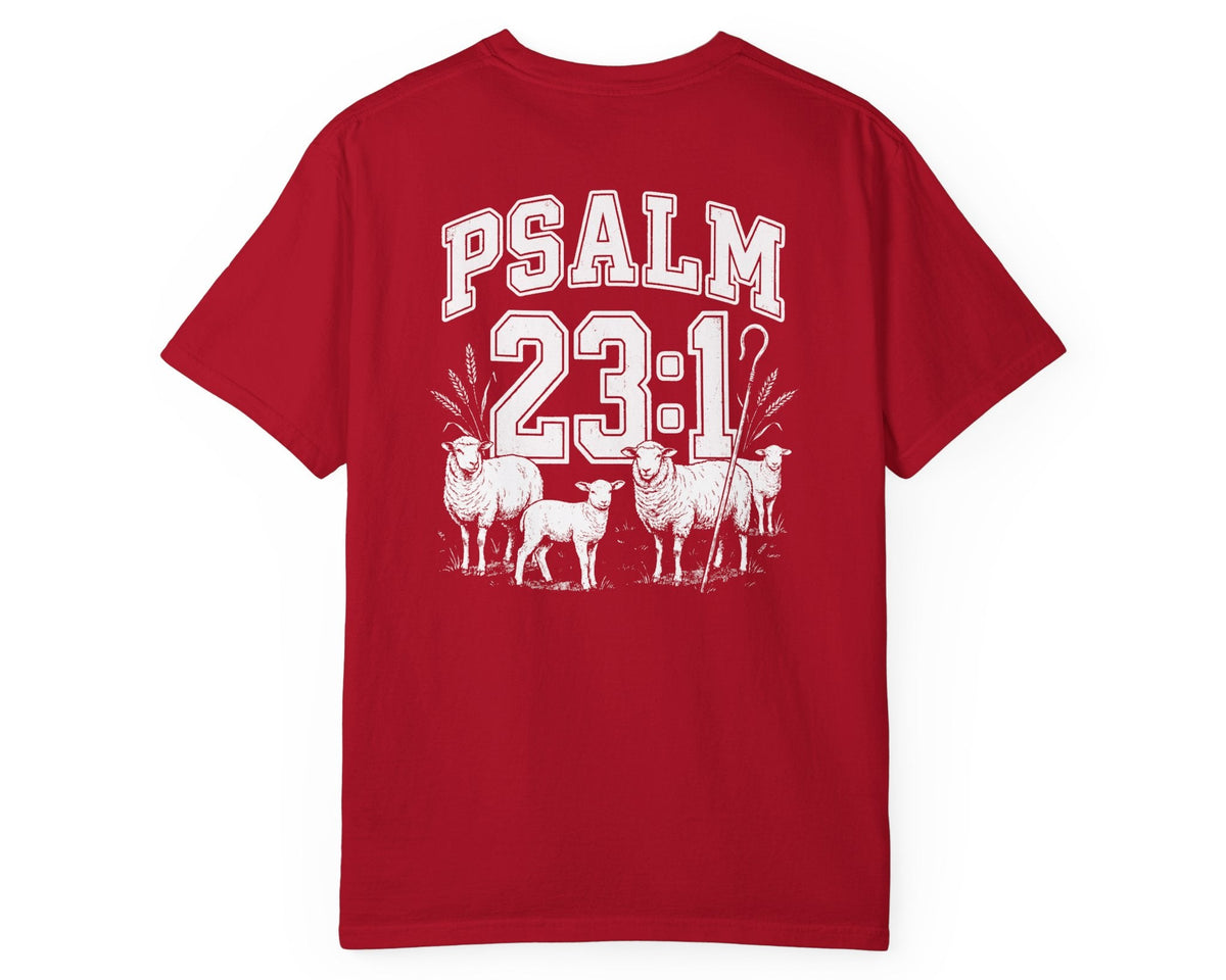 Red Psalm 23:1 faith shirt with shepherd graphic design and scripture text shown on model