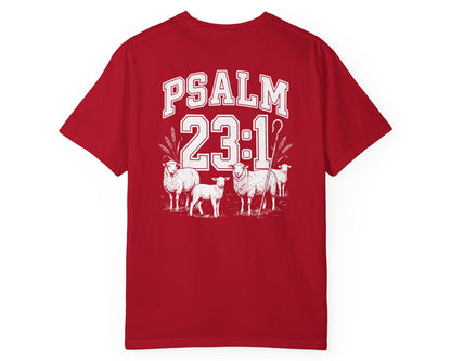 Red Psalm 23:1 faith shirt with shepherd graphic design and scripture text shown on model