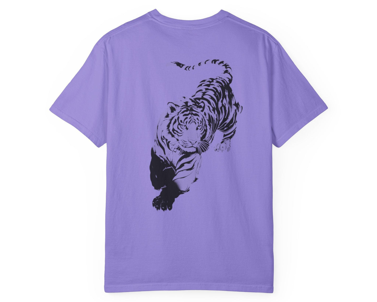 Tiger claw mark front and stalking tiger back graphic tee in VIOLET, heavyweight garment-dyed cotton