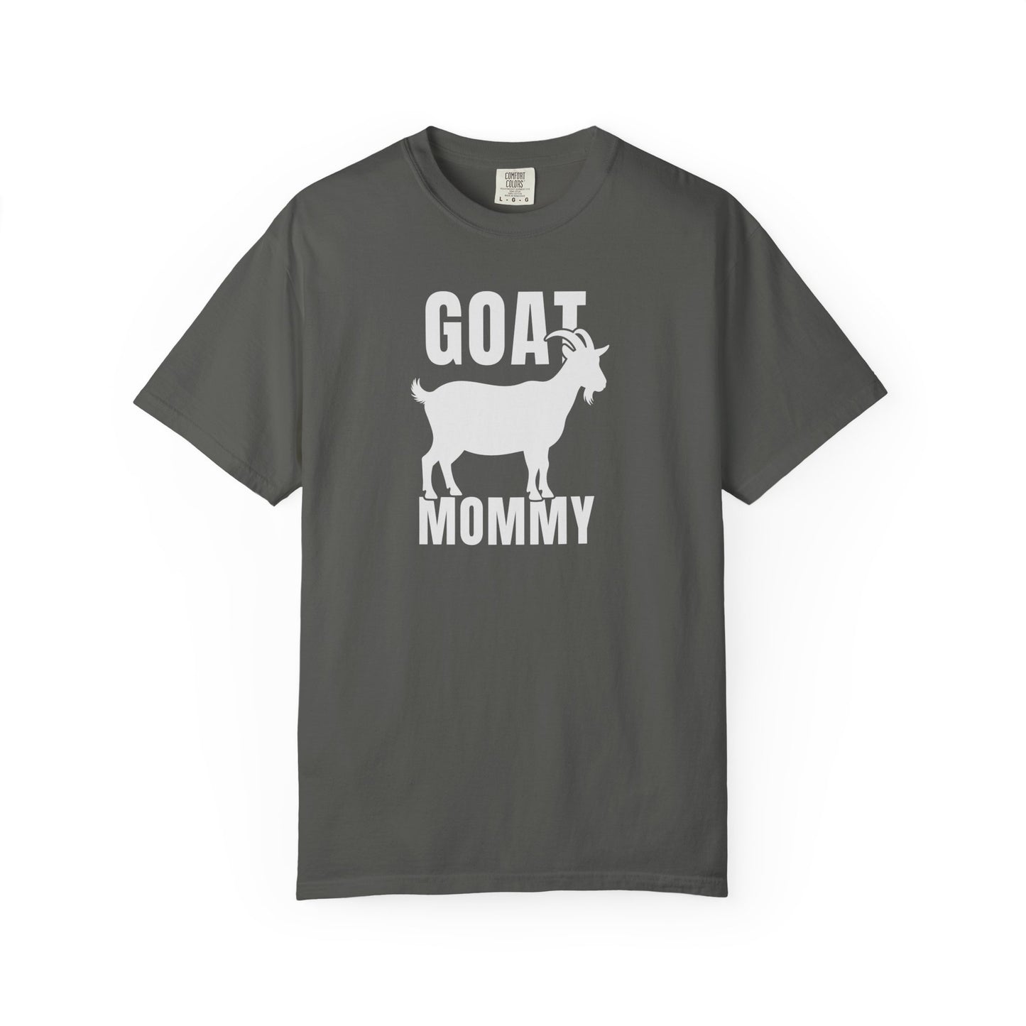 Goat Mommy funny goat mom graphic tee in Pepper — Comfort Colors garment-dyed farm mom shirt