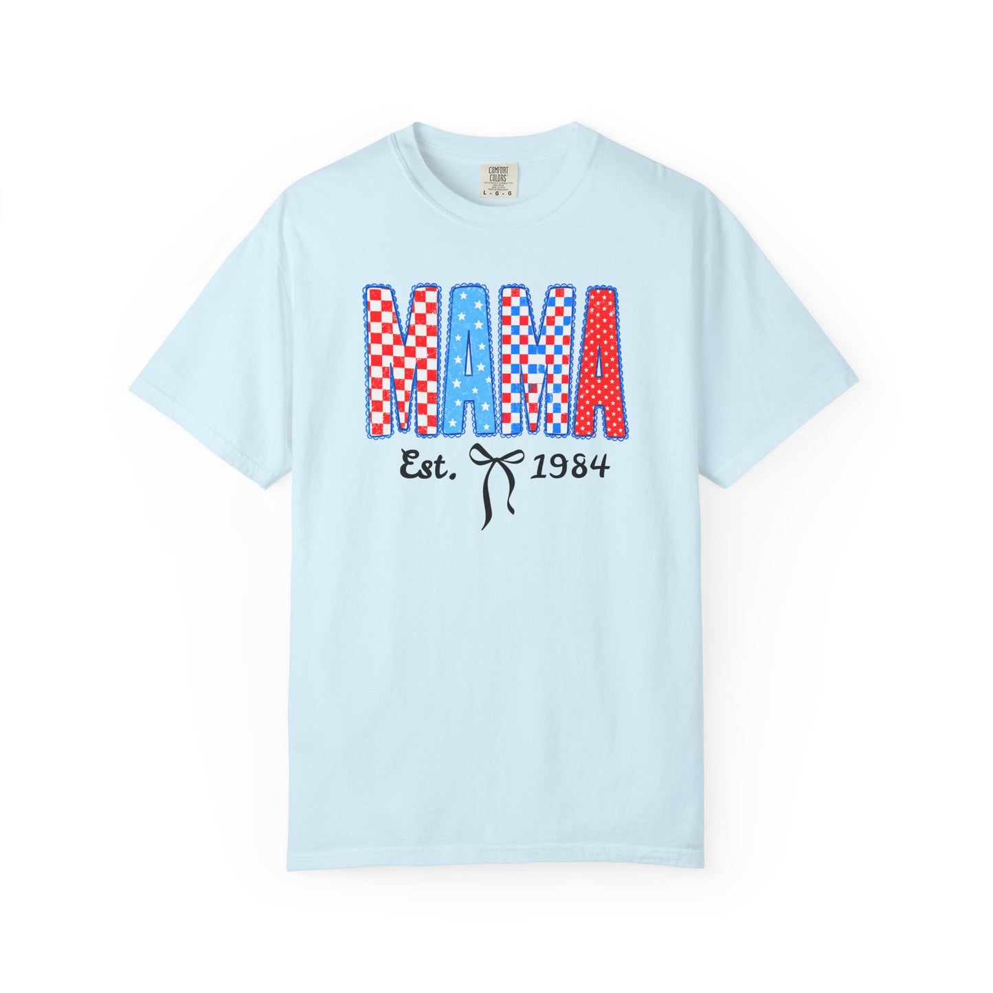 Mama Est. 1984 patriotic graphic t-shirt in chambray — garment-dyed unisex tee with checker MAMA print