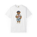 White t-shirt with a bear graphic holding a coffee cup and 'USA' shorts on a white background