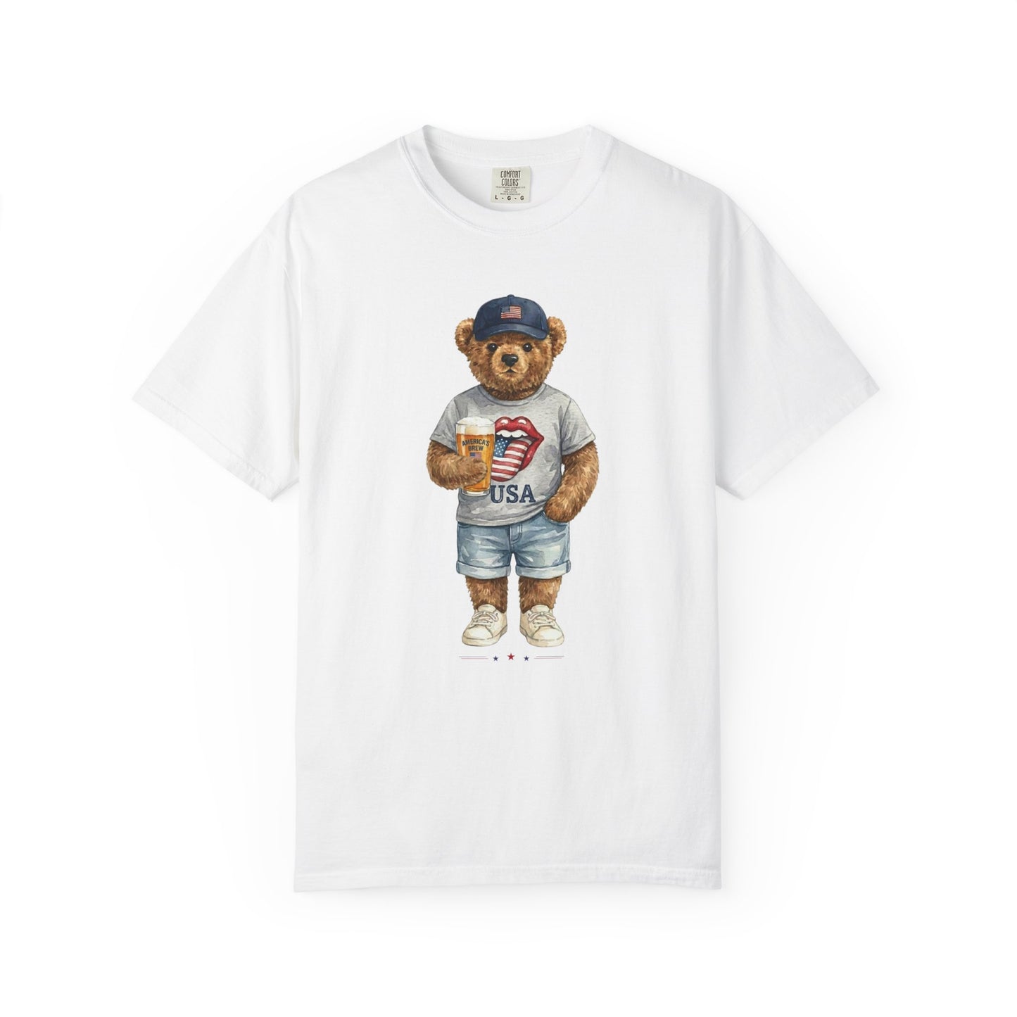 White t-shirt with a bear graphic holding a coffee cup and 'USA' shorts on a white background