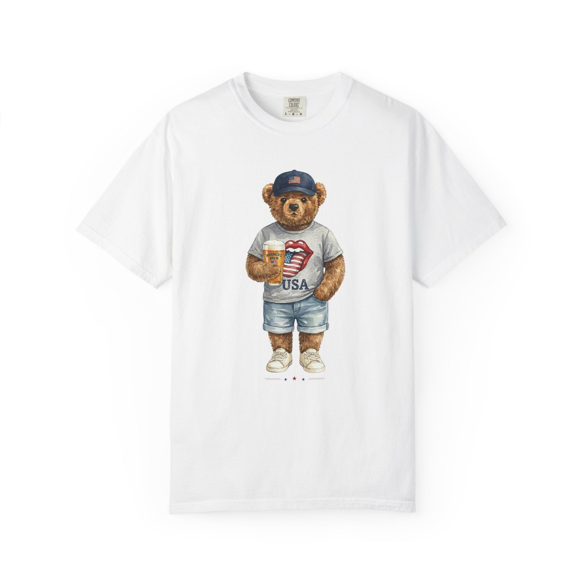 White t-shirt with a bear graphic holding a coffee cup and 'USA' shorts on a white background