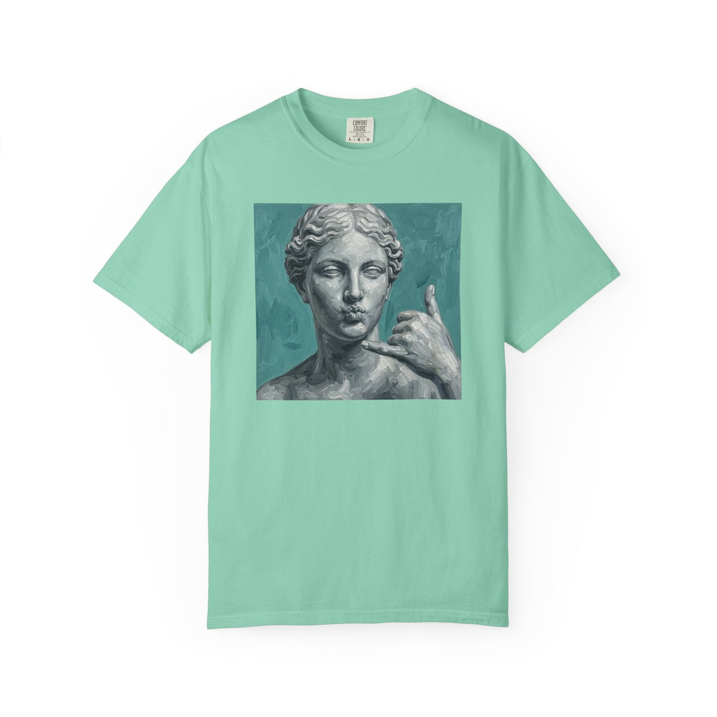 Classical Statue Call Me t-shirt in island reef — funny art shirt garment-dyed cotton
