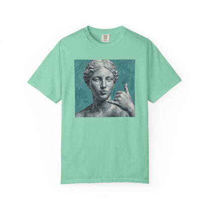 Classical Statue Call Me t-shirt in island reef — funny art shirt garment-dyed cotton

