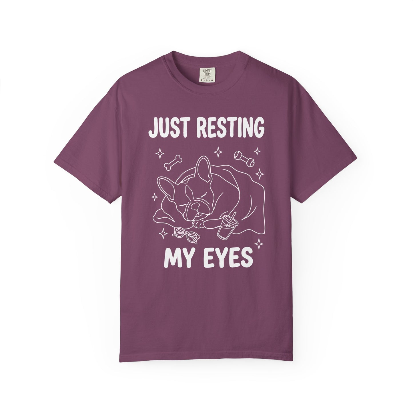 Just Resting My Eyes French Bulldog T-Shirt in Berry — soft garment-dyed Frenchie tee