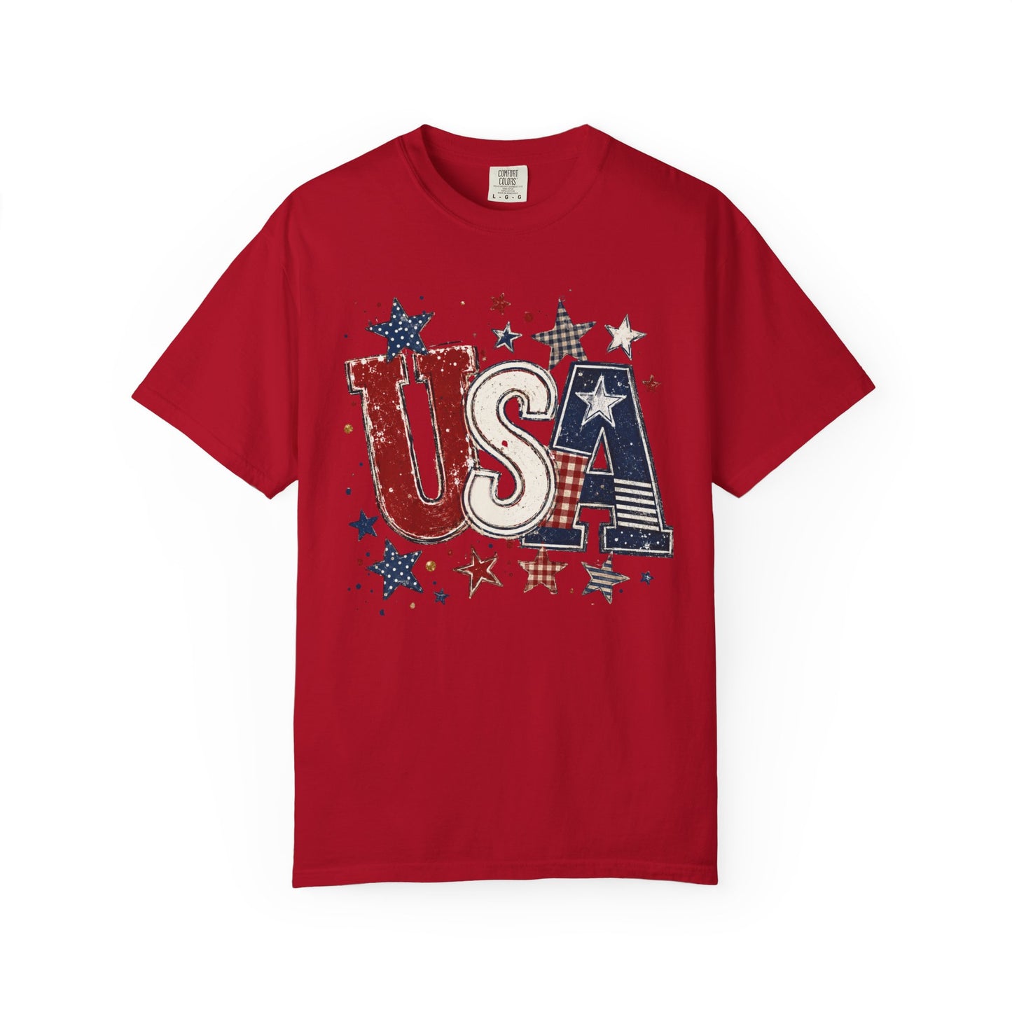 USA Patriotic graphic t-shirt in red — garment-dyed unisex tee with distressed stars and stripes

