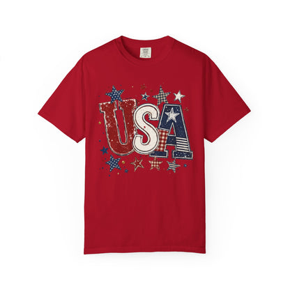 USA Patriotic graphic t-shirt in red — garment-dyed unisex tee with distressed stars and stripes

