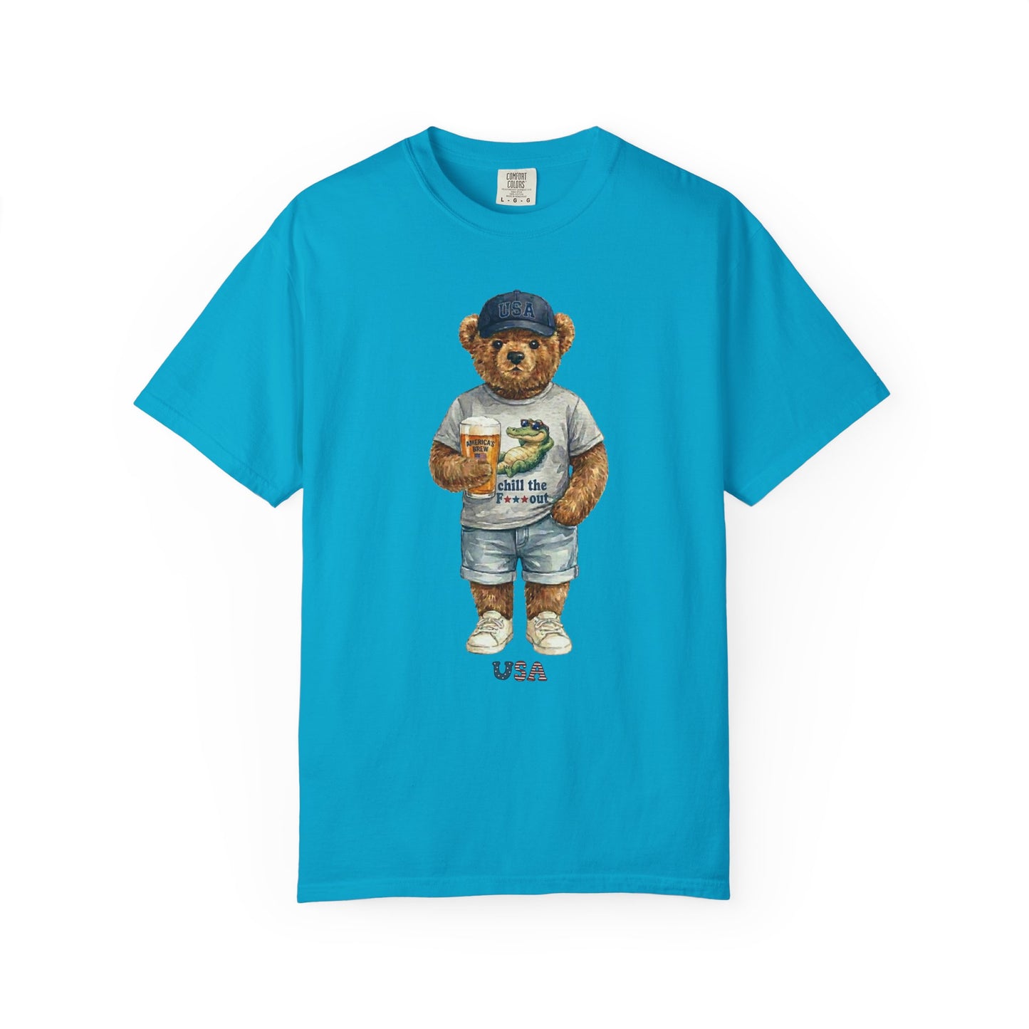 sapphire blue t-shirt with a bear graphic holding a beer mug on a white background