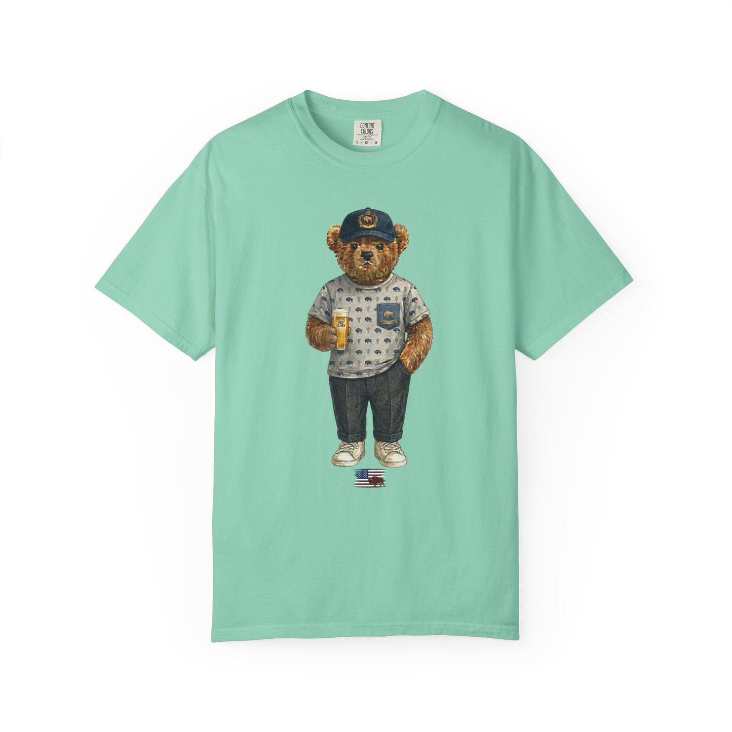 island reef t-shirt with a bear graphic holding a beer mug on a white background