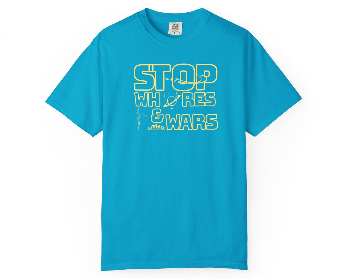 "STOP Wars graphic t-shirt in Sapphire — heavyweight garment-dyed cotton statement tee"