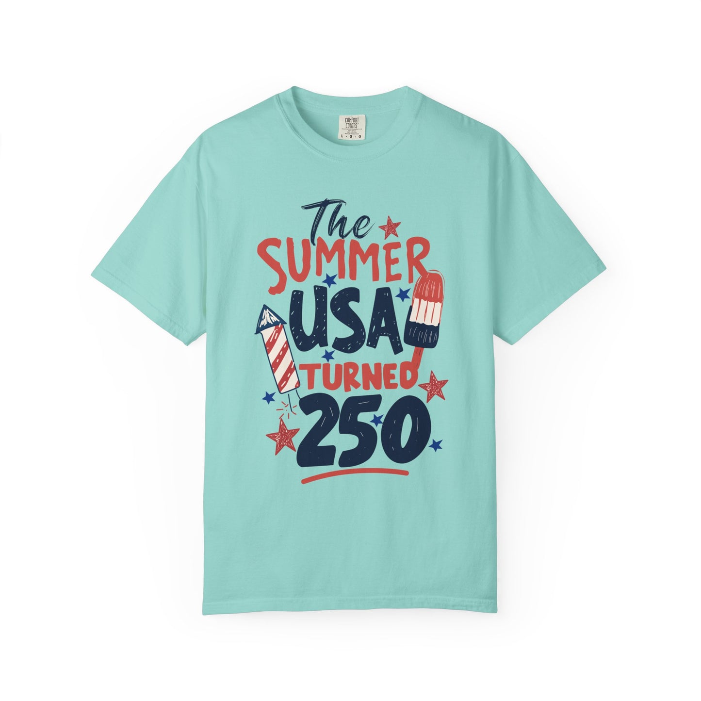chalky Mint green t-shirt with 'The Summer USA Turned 250' text and graphics on a white background