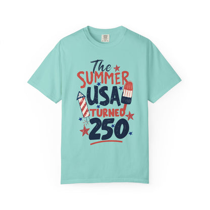 chalky Mint green t-shirt with 'The Summer USA Turned 250' text and graphics on a white background