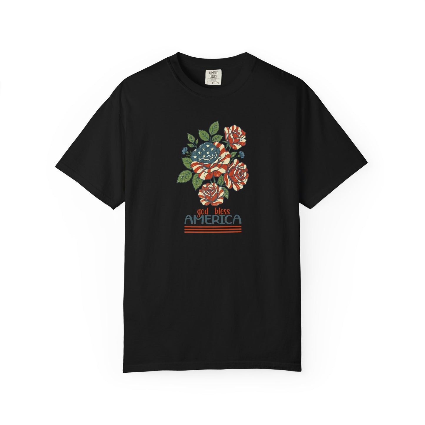 Black garment-dyed t-shirt with patriotic floral God Bless America graphic on chest