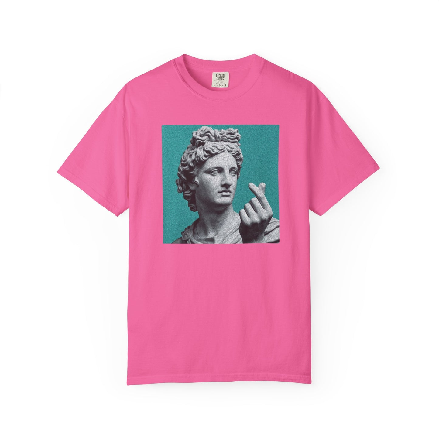 Statue Heart Gesture T-Shirt in Neon Pink — marble statue heart gesture graphic, vintage art garment-dyed tee