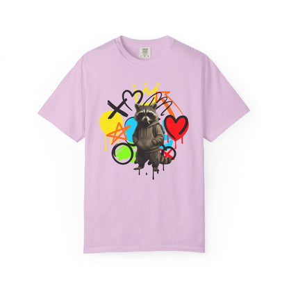 Graffiti Raccoon T-Shirt — Street Art Graphic Tee with Heart & Crown
