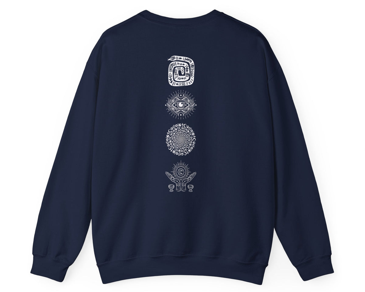 Midnight Margaritas crewneck sweatshirt in Navy — front cocktail graphic and occult cottagecore symbols on back, including COEXIST