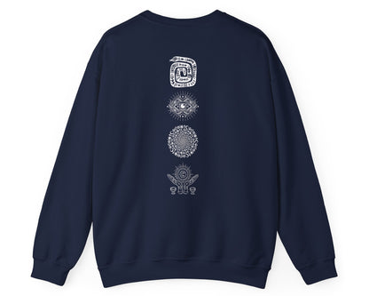 Midnight Margaritas crewneck sweatshirt in Navy — front cocktail graphic and occult cottagecore symbols on back, including COEXIST