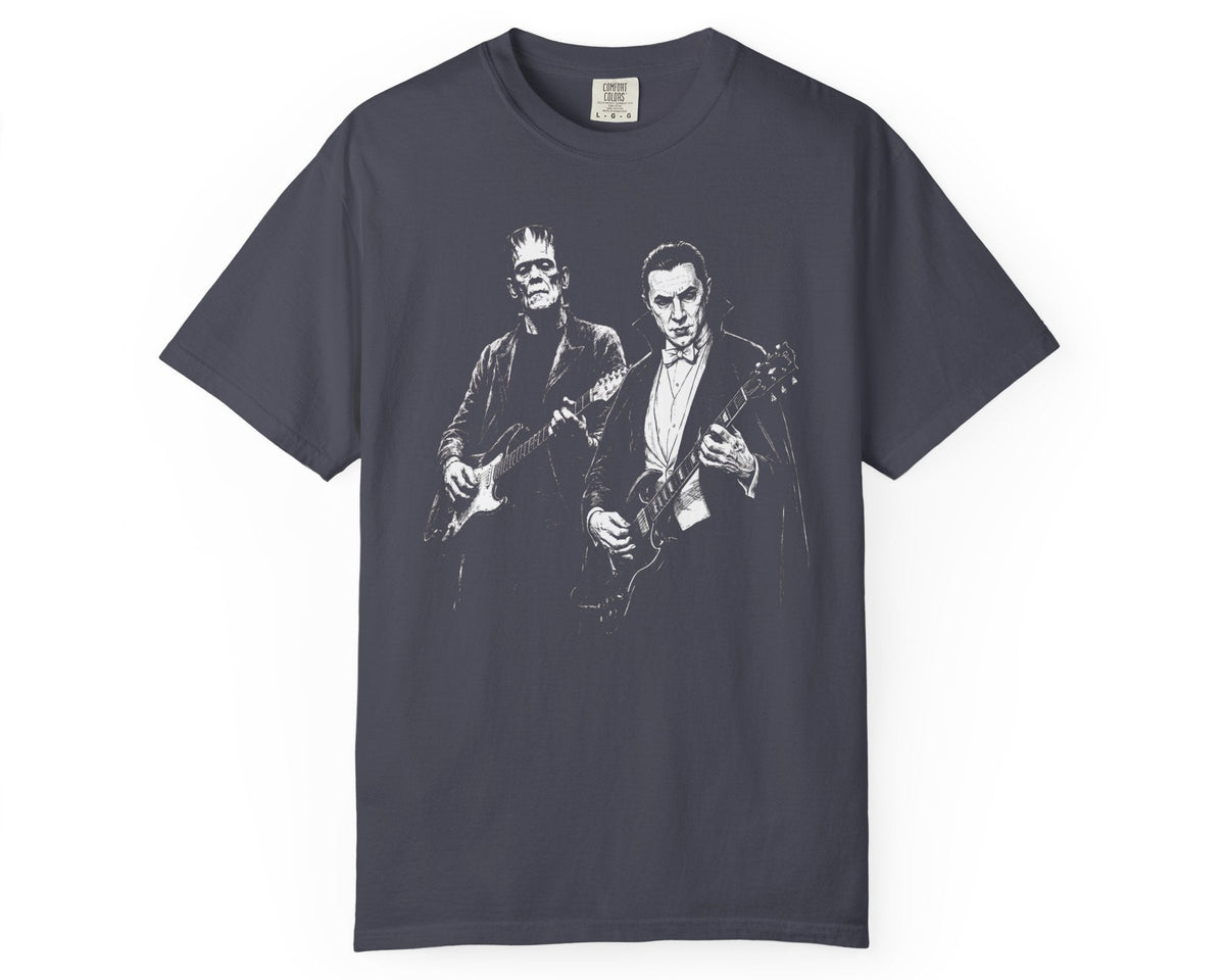 Navy garment-dyed Frankenstein and Dracula guitar tee with retro Halloween rock band graphic 