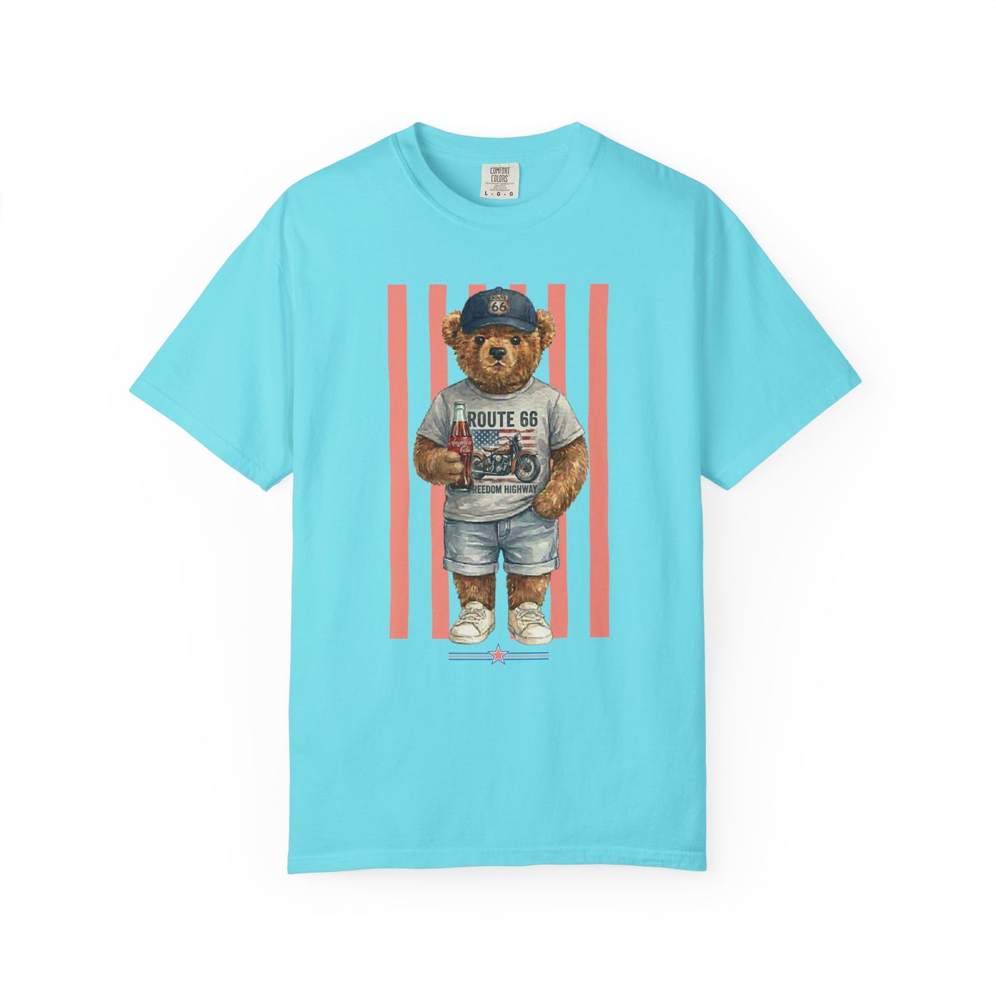 Lagoon blue t-shirt with a bear graphic holding a Coca-Cola bottle on a white background