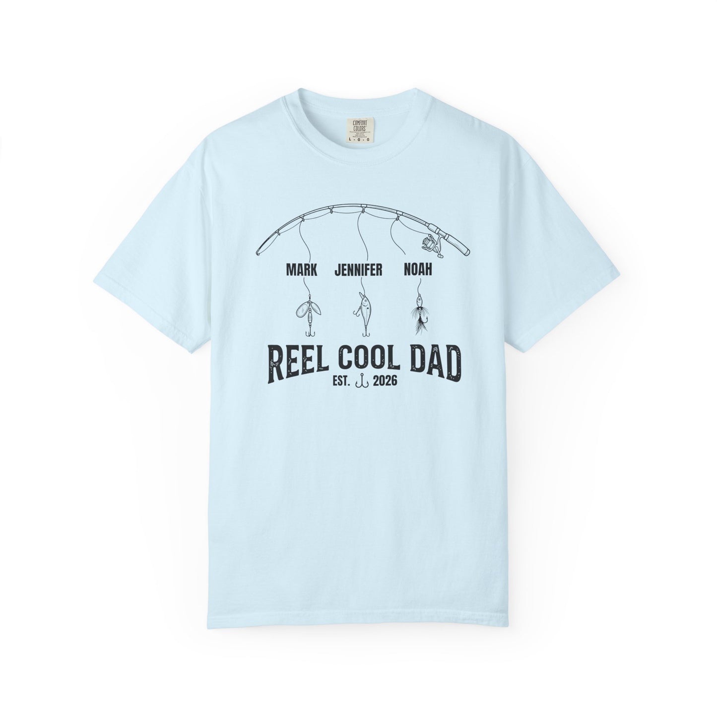 chambray blue t-shirt with fishing graphic and text on a white background