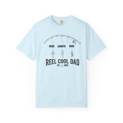 chambray blue t-shirt with fishing graphic and text on a white background