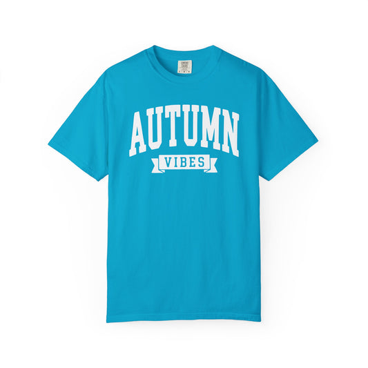 Autumn Vibes graphic tee in Sapphire— heavyweight garment-dyed Comfort Colors shirt with fall chest print