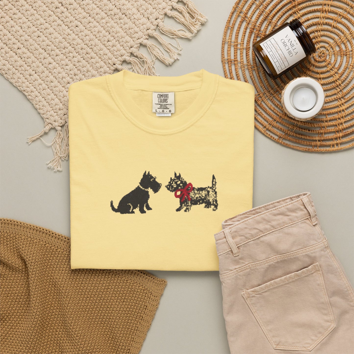 Scottie Dog Friends T-Shirt in Butter — Comfort Colors garment-dyed tee with cute Scottish Terrier graphic, unisex relaxed fit