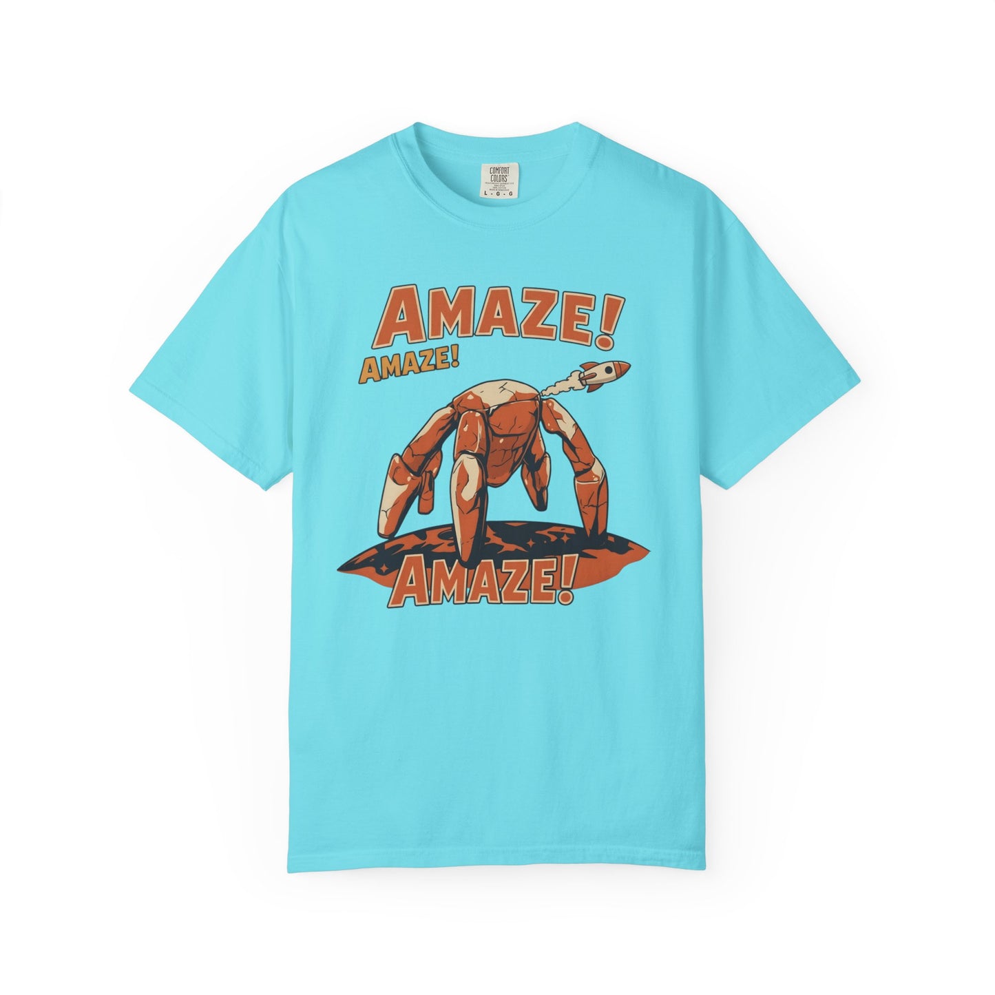 Amaze Rocky Comfort Colors Shirt in Lagoon Blue – sci-fi graphic tee, soft garment-dyed unisex fit